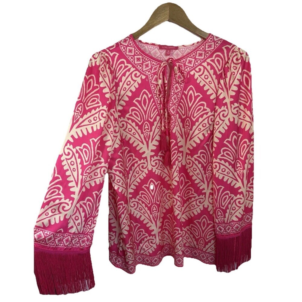 Flying Tomato Blouse Top M Damask Print Kimono Sleeve Tassel Fringe Boho - Picture 4 of 13